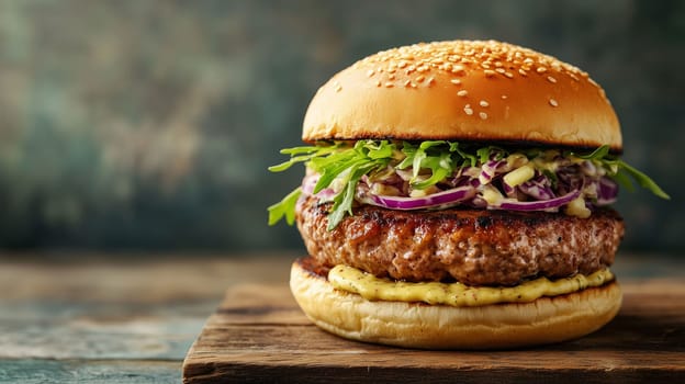 A classic sesame burger stacked with a grilled patty, fresh greens, and slaw, presented on a rustic wooden surface.