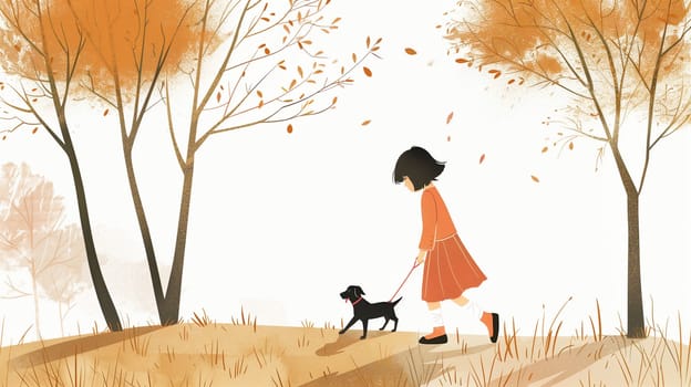 A young girl dressed in a bright orange dress strolls along a wooded path surrounded by trees with orange and yellow leaves. The girl is gently guiding her small black dog, enjoying the crisp autumn day and the tranquility of nature.