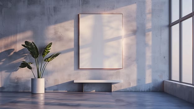 Sunlight streams through large windows, illuminating a minimalist indoor space featuring a tropical plant in a simple white pot beside a sleek bench. A blank canvas hangs on the wall, inviting creativity and inspiration.