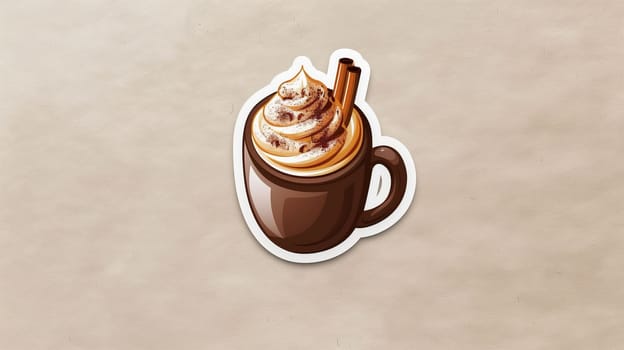 A steaming cup of coffee showcases rich whipped cream, elegantly swirled on top and adorned with a drizzle of chocolate. The warm tones of the mug complement the inviting texture of the beverage, making it a tempting treat.