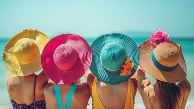 Four friends sit together at the beach, each wearing a distinctively colorful sun hat. They face the ocean, enjoying the warm sun and tranquil atmosphere. The clear blue water and bright sky enhance the cheerful ambiance, creating a perfect day for relaxation and friendship.