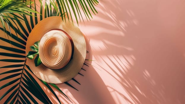 A stylish sun hat rests against a vibrant pink wall, complemented by lush green tropical leaves casting playful shadows. The soft textures and colors create a relaxed, summery atmosphere, perfect for a beach day or outdoor adventure.