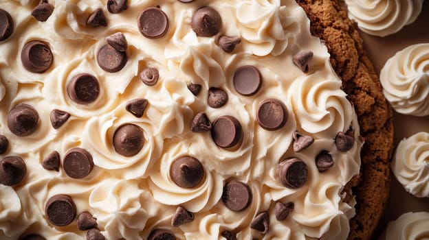 A beautifully crafted cookie cake topped with swirls of creamy frosting and scattered chocolate chips is ready for a celebration. The dessert sits on a decorated table, inviting guests.