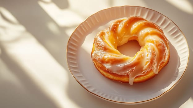 A freshly baked glazed pastry rests on an elegant plate, basking in warm sunlight. The soft shadows enhance the inviting look, making it perfect for a morning treat or dessert.