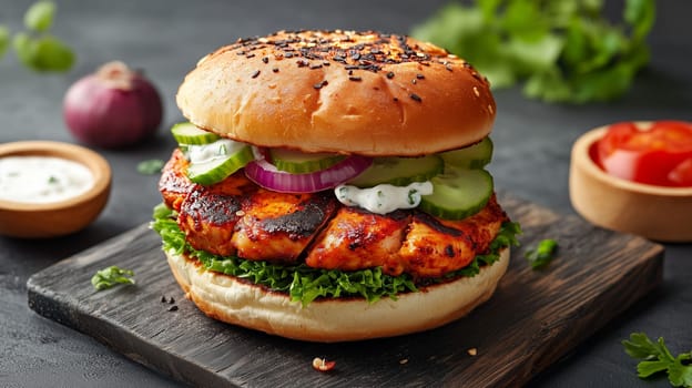 A grilled chicken burger topped with fresh lettuce, onions, cucumbers, and a creamy sauce, presented on a wooden board alongside sliced tomatoes.