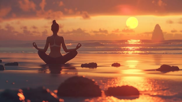 A person sits cross-legged on the sand, practicing meditation as the sun sets over the horizon. The warm orange and pink hues illuminate the tranquil ocean waters, creating a serene atmosphere. Gentle waves softly lap at the shore, complementing the peaceful ambiance of the moment.