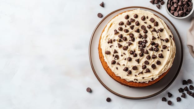 A freshly baked chocolate chip cake sits on a plate, adorned with creamy frosting and sprinkled with chocolate chips, surrounded by extra chocolate chips on the table.