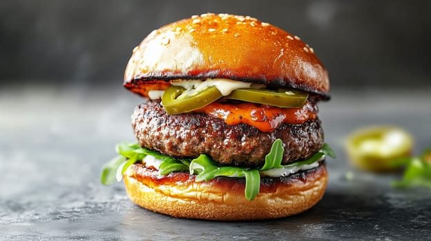 A delicious hamburger featuring a grilled patty, lettuce, jalapeños, and creamy sauce, served on a golden sesame seed bun.