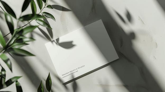 A sleek, understated card is placed gently on a light gray surface. Soft shadows from green leaves create an intriguing pattern around the card, enhancing its minimalist aesthetic and inviting a serene atmosphere.