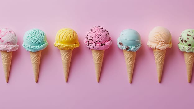 Seven ice cream cones with different flavors sit in a straight line against a pink backdrop, showcasing a vibrant array of colors and textures.