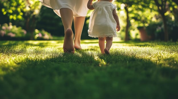 A mother holds her child's hand as they stroll barefoot through a lush, green garden illuminated by sunlight.