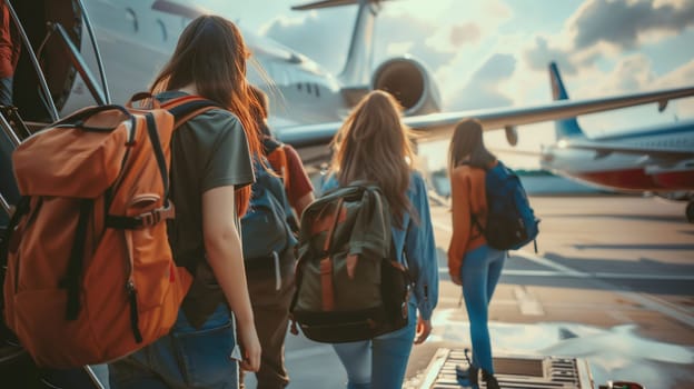 A group of students carries backpacks as they walk toward a private jet at an airport under a bright sky, indicating anticipation for their upcoming journey.