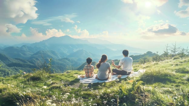 A family sits together on a blanket overlooking a breathtaking mountain landscape filled with lush greenery. The bright sun casts warm light on their joyful faces as they relax and take in the beauty of nature, creating lasting memories on this tranquil day.