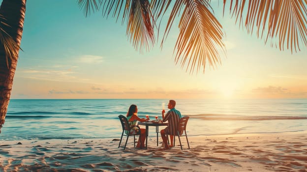 A couple enjoys a romantic dinner at a beachfront table as the sun sets over the ocean. They sip colorful cocktails while basking in the warm glow of the fading light, surrounded by palm trees and gentle waves.