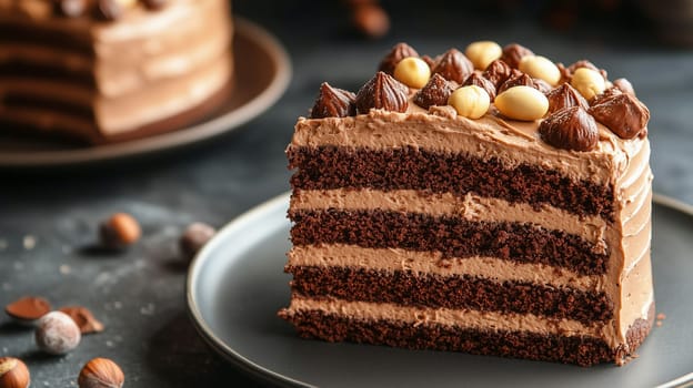 A deliciously moist chocolate cake with thick layers of chocolate frosting, topped with nuts and chocolate chips, invites indulgence on a dark, elegant table setting.