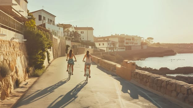 Two young women enjoy a leisurely bike ride along a picturesque coastal pathway. The sun casts warm light on the surroundings, highlighting the charming buildings and scenic shoreline. Their laughter blends with the gentle sound of waves.