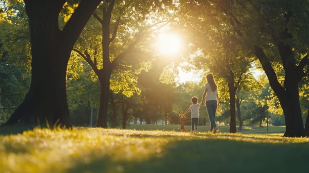 A mother and child stroll along a grassy path, surrounded by trees, enjoying the warm glow of the setting sun.