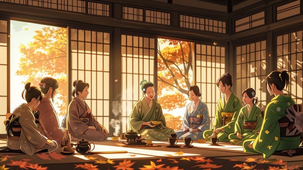 A Japanese family dressed in traditional clothing gathers for a serene tea ceremony, enjoying the tranquil atmosphere and beautiful autumn colors filtering through the sliding doors.