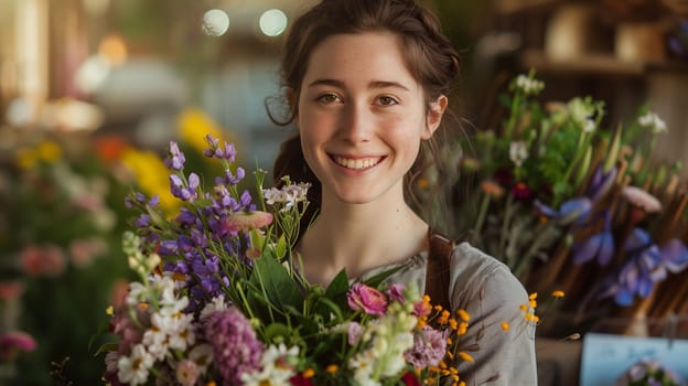 A young florist stands proudly in her flower shop, smiling brightly as she holds a beautifully arranged bouquet filled with various colorful blooms. The shop is bursting with vibrant flowers of all types, creating a cheerful atmosphere.