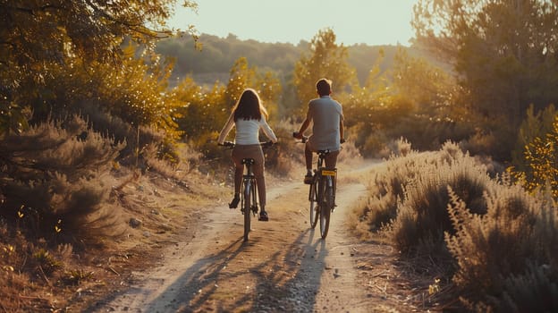 Two individuals enjoy a leisurely bike ride along a picturesque dirt path surrounded by lush greenery and sunlight filtering through the trees. The warm tones of sunset create a serene atmosphere as they pedal side by side.