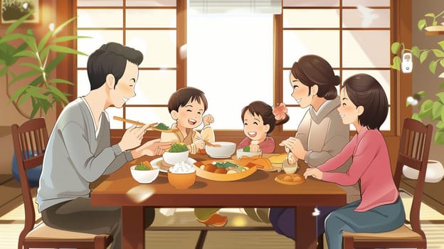 A joyful Japanese family gathers around the dining table, sharing laughter and a homemade meal, creating warm memories in their cozy home during the vibrant spring season.