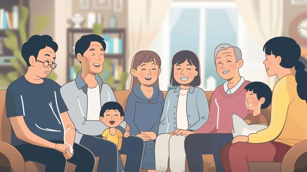 A joyful Japanese family and their caregiver share laughter and stories while engaging in personalized activities together in a warm, inviting living room environment.