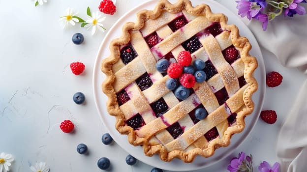 A beautifully crafted berry pie sits on a white plate, showcasing a golden crust lattice topped with an assortment of raspberries and blueberries. The pie is surrounded by scattered fresh berries and delicate flowers, creating a charming atmosphere that emphasizes its homemade appeal.