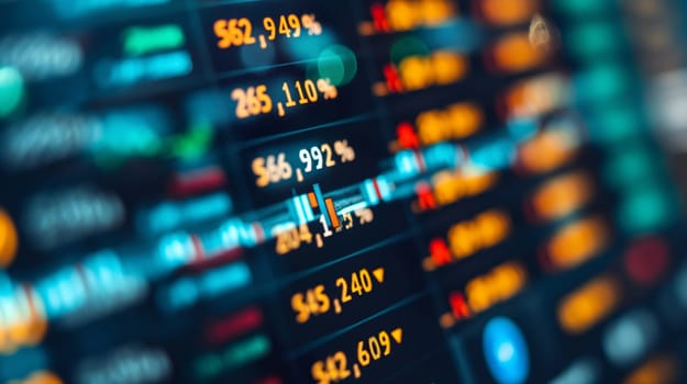 The vibrant display shows stock market data with fluctuating numbers, highlighting trading indices and real-time financial metrics. The scene suggests a busy trading atmosphere - Generative AI