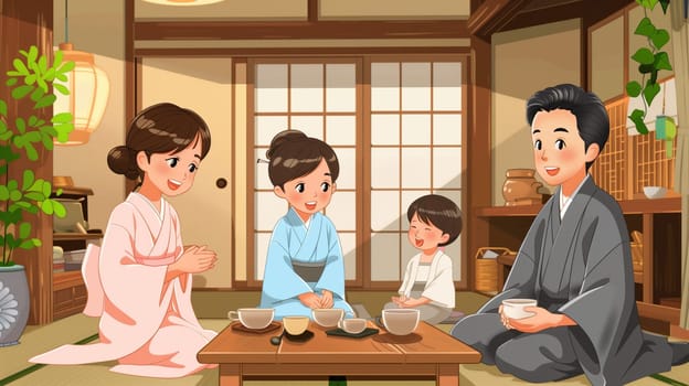 A Japanese family interacts joyfully with their nanny in a traditional home, sharing laughter and delicious food while seated around a low table.