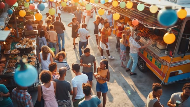 A bustling street market comes alive in the evening, filled with people exploring various food stalls. Colorful lanterns illuminate the scene, while vendors showcase a variety of delicious dishes. The atmosphere is vibrant, with laughter and chatter echoing as visitors enjoy their meals.