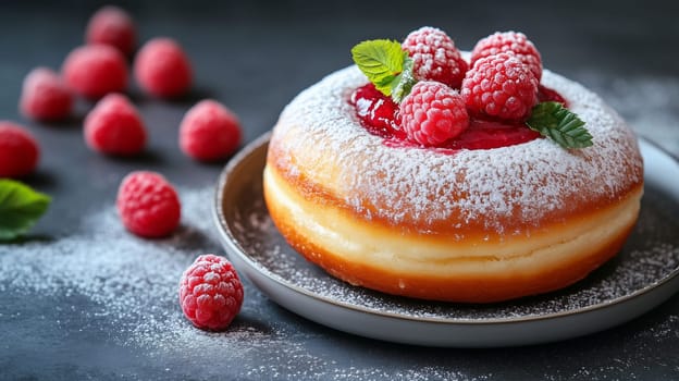 A tempting dessert sits on a dark plate, featuring a fluffy doughnut filled with raspberry jam, topped with fresh raspberries and mint leaves, dusted with powdered sugar.