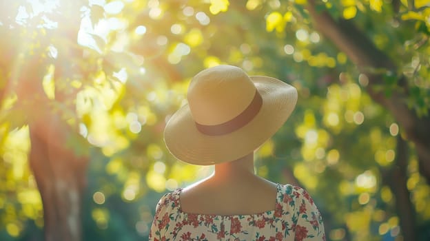 A woman with a straw hat strolls through a vibrant park filled with green foliage. The sunlight filters through the leaves, creating a warm and inviting atmosphere. She appears relaxed as she takes in the beauty of the surroundings, embodying a peaceful moment in nature.