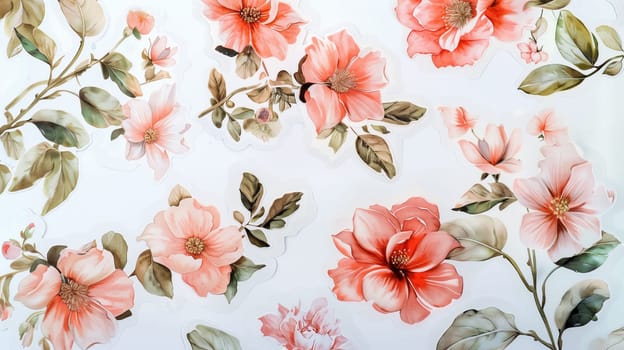 A beautiful arrangement of pink and peach flowers is displayed on a soft, light-colored background, showcasing intricate details of blossoms and leaves. The floral design creates an inviting and cheerful atmosphere, perfect for various decorative applications.