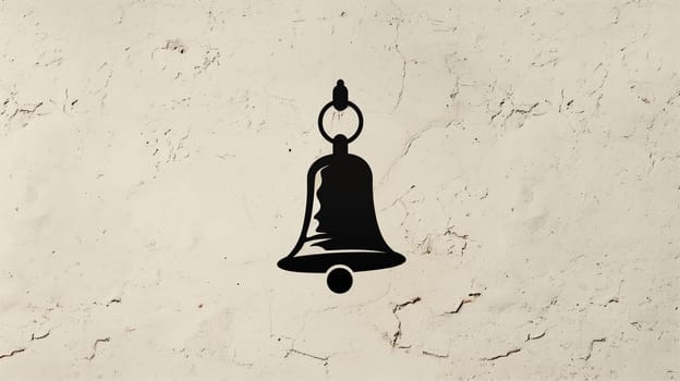 The black bell icon is prominently displayed against a textured beige background, showcasing a minimalist design approach. The bell's simple silhouette enhances its striking appearance, drawing attention to the clean lines and shapes present in the visual.