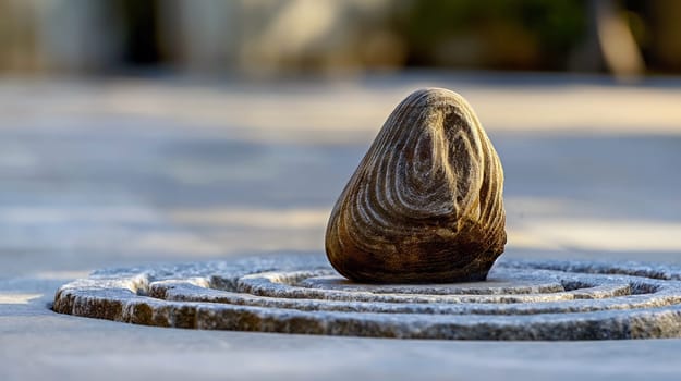 A smooth, rounded stone is carefully positioned in the center of a circular arrangement of raked sand in a serene Japanese garden, illuminated by soft morning light - Generative AI