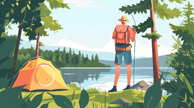 A man stands peacefully by the edge of a calm lake, casting his fishing line into the water. He is surrounded by tall green trees, with a bright orange tent set up nearby. The clear sky and gentle mountains create a tranquil backdrop, emphasizing the beauty of nature.