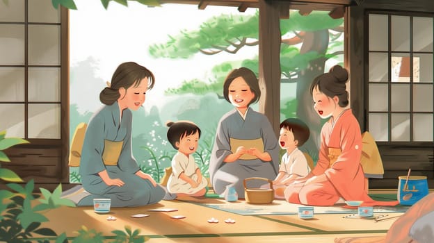A Japanese family spends quality time with a nanny, joyfully playing games indoors. The cozy setting features traditional decor, and everyone shares laughter, creating cherished memories together.
