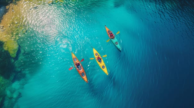 Three kayakers navigate tranquil turquoise waters, surrounded by vibrant marine life and stunning natural beauty. The sun casts shimmering reflections across the surface, enhancing the peaceful atmosphere of this tropical setting.