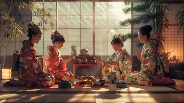 A family dressed in vibrant kimonos gathers in a serene setting, engaging in a traditional tea ceremony. The soft light filters through the window as they bond over this time-honored practice.