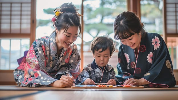 A family dressed in colorful kimonos enjoys a creative activity together, focusing on craftsmanship indoors with natural light streaming through traditional windows.