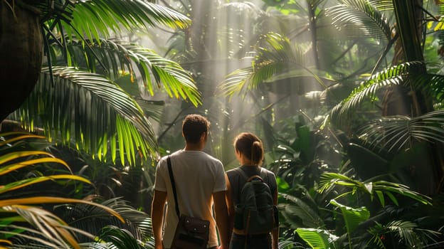 A couple stands together in a vibrant tropical rainforest, bathed in sunlight filtering through the dense canopy. They appear captivated by the lush greenery and natural beauty around them. The serene atmosphere is enhanced by the sounds of nature and the warmth of the sun.