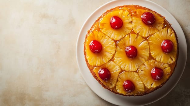 A freshly baked pineapple upside-down cake sits on a white plate, beautifully adorned with sweet cherries and pineapple rings