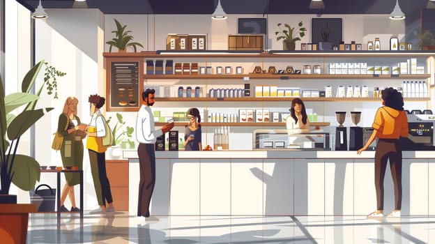 Staff members engage with a variety of customers in a vibrant shop, offering assistance and showcasing products in a welcoming atmosphere.