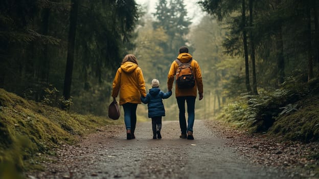 A family strolls through a lush forest path, surrounded by tall trees and greenery, enjoying quality time together.