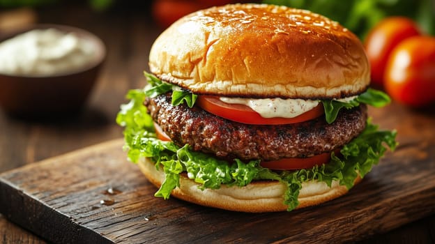 A freshly made beef burger with layers of lettuce, tomato, and a creamy sauce, resting on a wooden board.