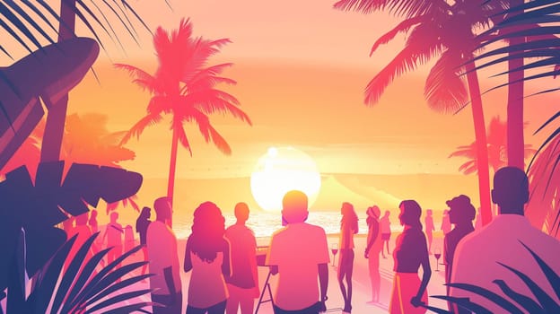 A lively group of individuals stands on the beach, gathered to witness a breathtaking sunset. Palm trees frame the scene as warm colors fill the sky. People engage with one another, capturing the moment with smiles and laughter, soaking in the serene atmosphere.