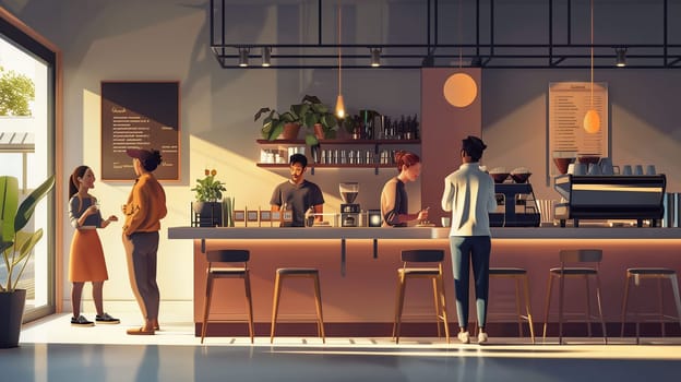 Staff members efficiently prepare beverages and serve customers during a bustling shift at a small cafe, showcasing teamwork and a vibrant atmosphere.