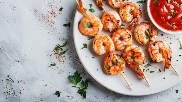A plate of succulent grilled shrimp skewers is beautifully arranged alongside a vibrant spicy dipping sauce. Garnished with fresh herbs, the dish showcases the rich flavors of grilled seafood, perfect for a summer gathering or a cozy dinner.