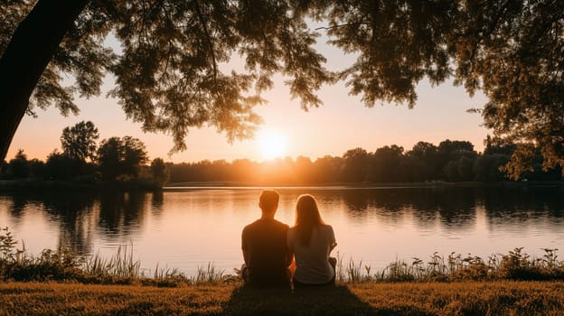 A couple sits by a tranquil lake, watching the sun set behind lush trees, creating a beautiful evening atmosphere.