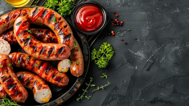An assortment of grilled sausages rests on a dark platter surrounded by vibrant herbs. Condiments, including ketchup, are artfully arranged alongside the dish, creating a mouthwatering presentation perfect for a casual gathering or barbecue.